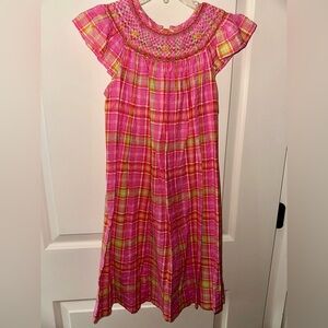 Girls' Pink Plaid Smocked Casual Dress with Flutter Sleeves